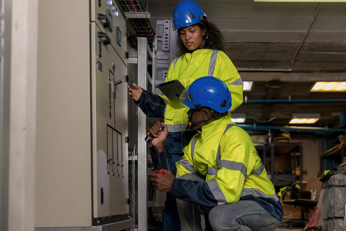 equipo-de-ingerienos-revisando-sala-de-control mantenimiento electrico industrial en zaragoza